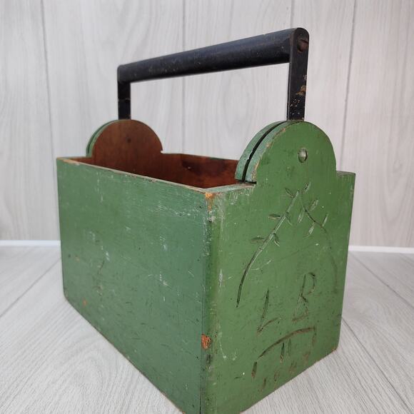 Vtg 1947 Wooden Box 12" X 9"x7" Green Carry All "Cold War Era" Tool Caddy Handle - Picture 2 of 16